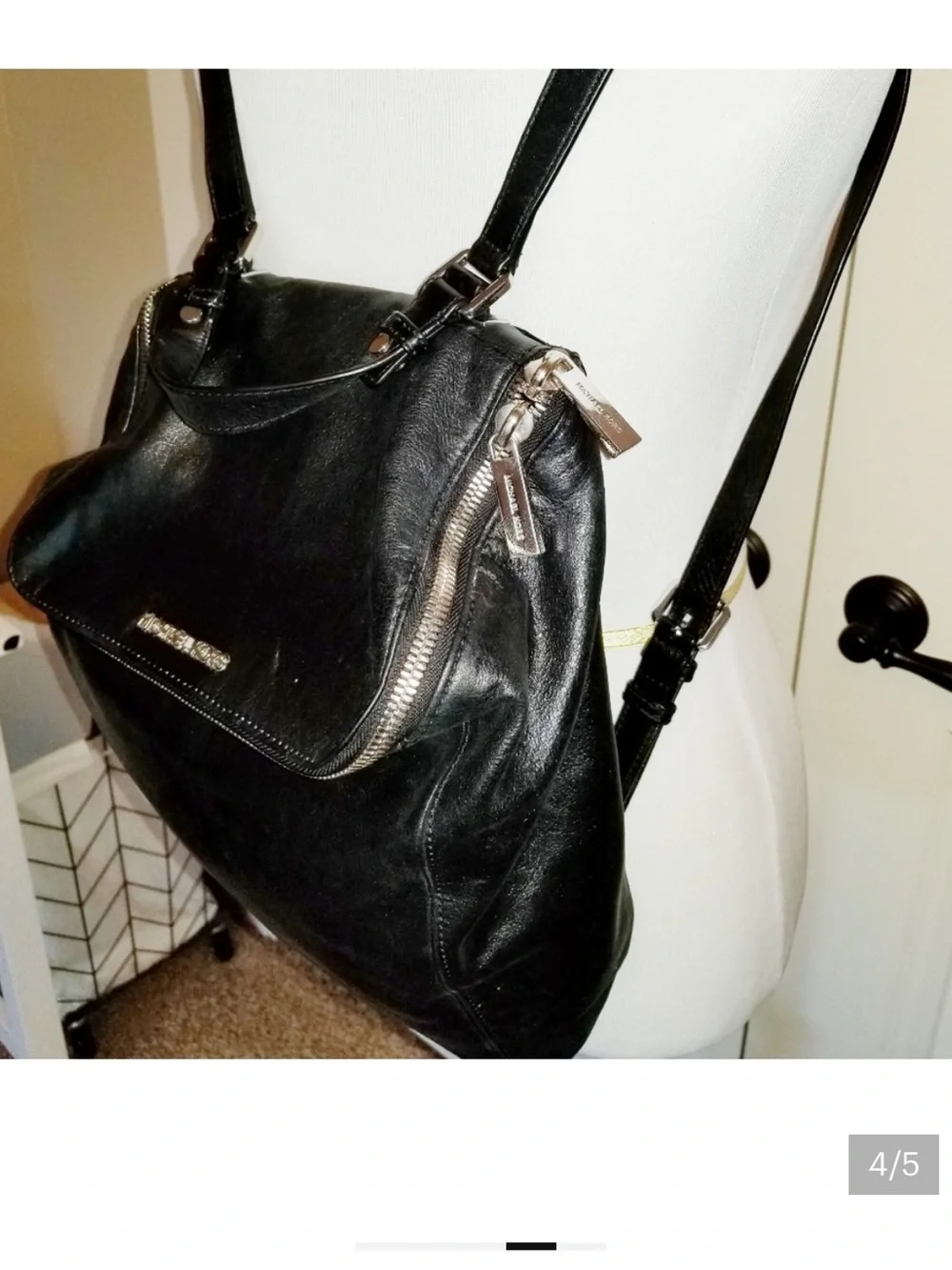 Michael Kors Shiny Black Leather Backpack with Silver Logo
